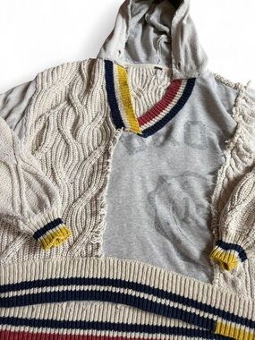 Free People Oversized Patchwork Knit Hoodie Sweater M/L Boho Chunky Cable Knit